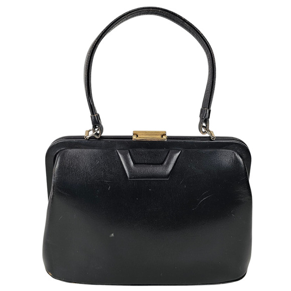 VNT 1970s black leather handbag purse snap lock frame fair condition - Picture 1 of 14